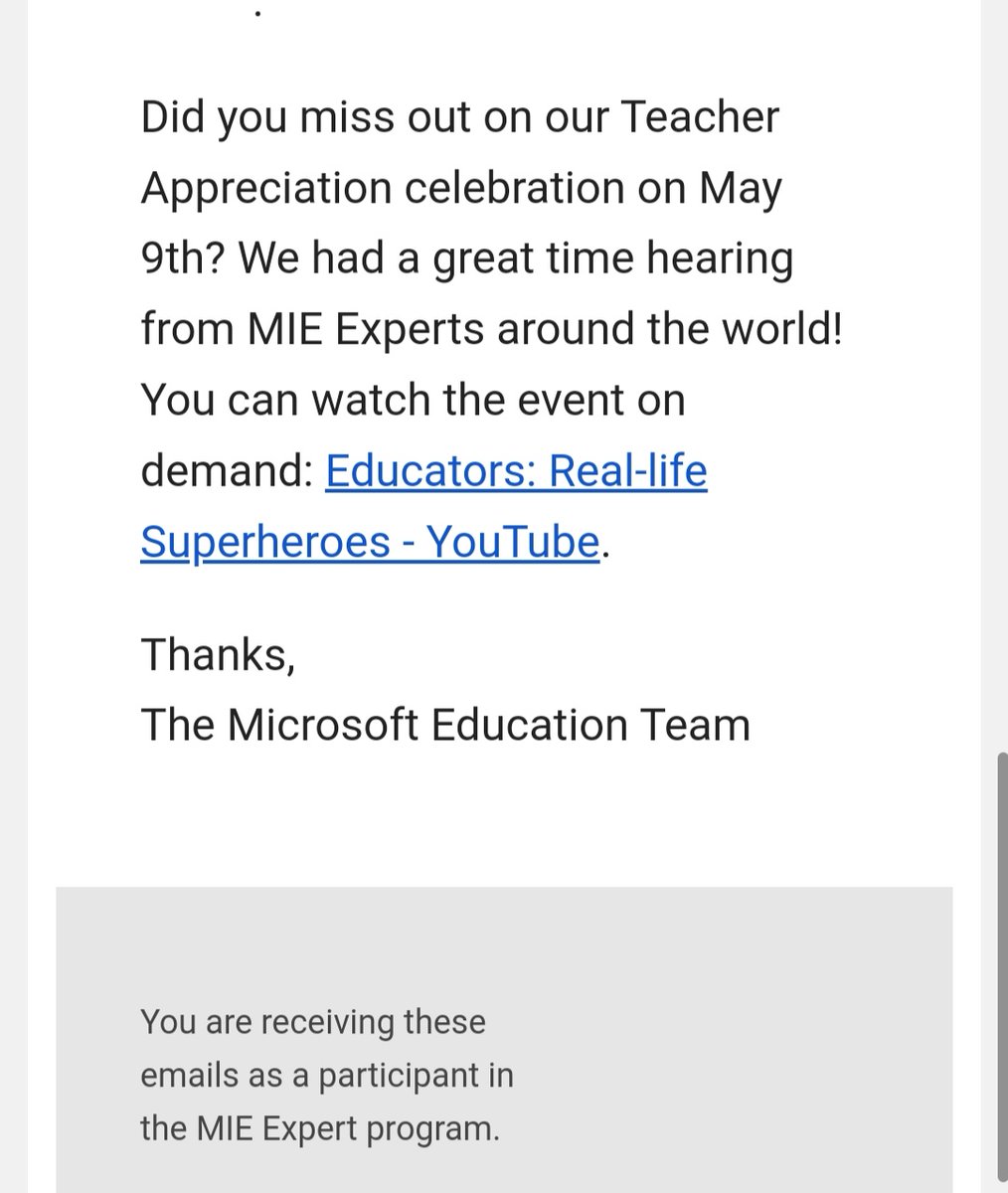 Thank you #Microsoft  for sending this message inviting me to renew my status as a Microsoft Innovative Educator Expert!🇹🇳❤️❤️🎉.
#MicrosoftEDU #MIEExpert @ClassPointMENA @wakelet #EdChatEU #T4Education #CanvaEdu #MicrosoftTeams #Microsoftlearn  #Nearpod 
@canva #Kahoot