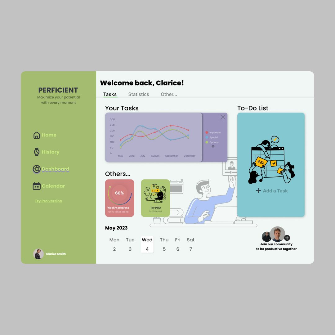 Avoid_Design's tweet image. Today I made a design for a dashboard for a productivity app named Perficient.⌚ As usual I have done it in Figma.👨‍💻 I hope you like it.😊 See you next week.👋