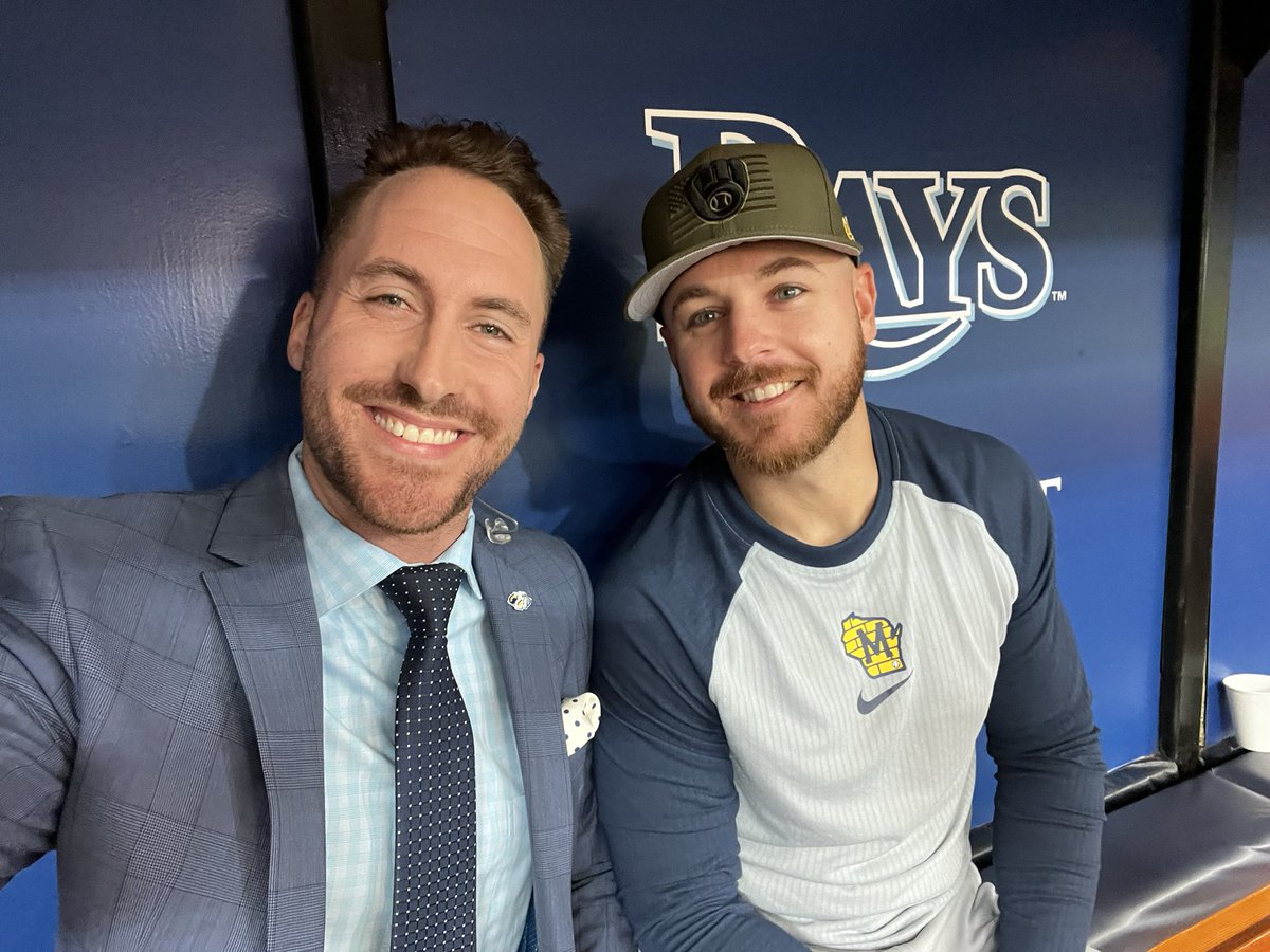 Ry_Bass's tweet photo. He had one of the biggest homers in @RaysBaseball history. Great reminiscing with @Brewers 1B @mikebrosseau10 pregame! Catch our chat on #RaysLive at 6 ET! #RaysUp https://t.co/kqUOwkhEjt