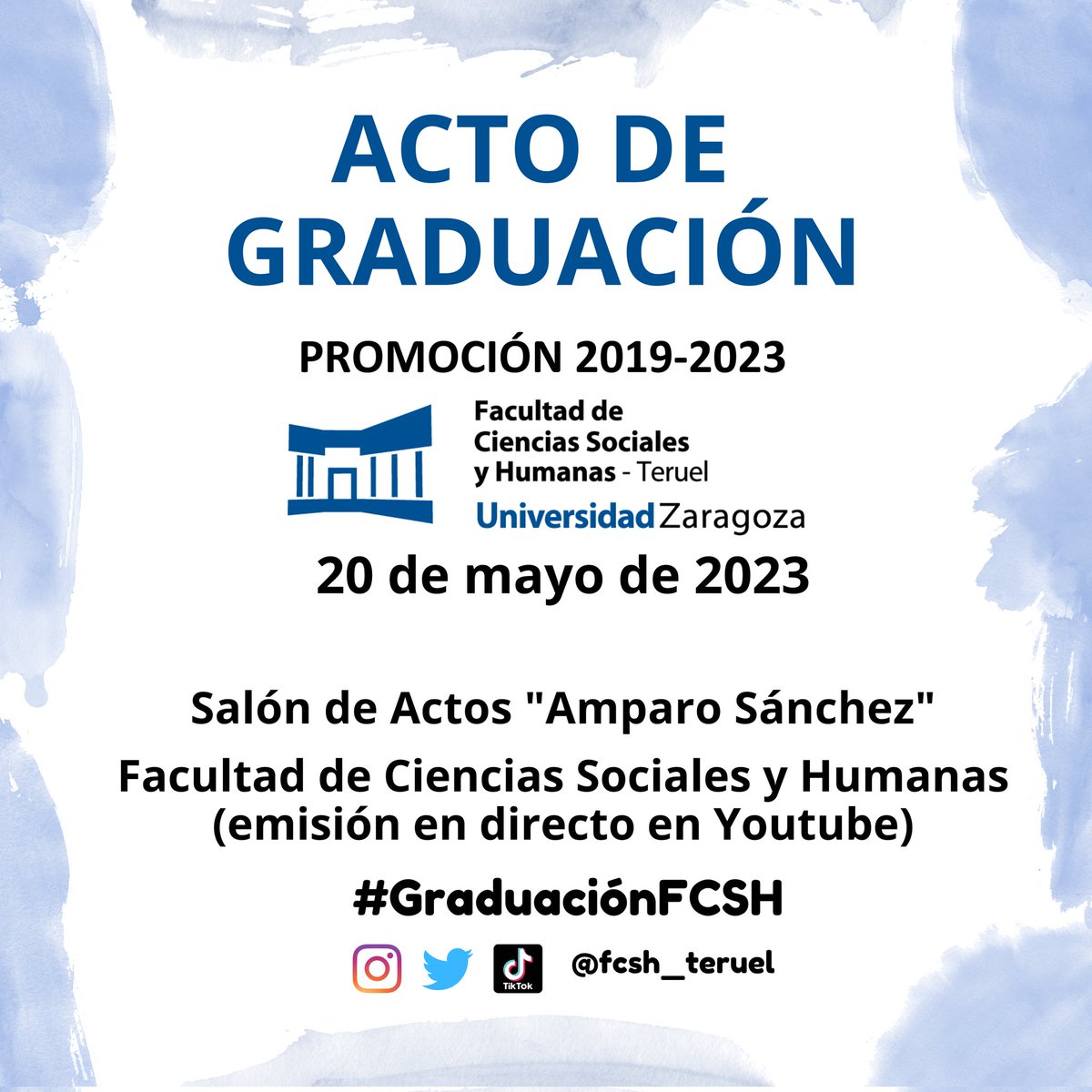 ACTO DE GRADUACIÓN PROMOCIÓN 2019-2023
11 - MAG PRIMARIA y ADE 
12 - MAG INFANTIL y BBAA
13:00 PSICOLOGÍA y MPGS
En directo a través de YouTube. 
#GraduacionFCSH #ADETeruel #BBAATeruel #InfantilTeruel #PrimariaTeruel #PsicologiaTeruel #MPGSTeruel 
<a href="/unizar/">Universidad Zaragoza</a> @aytoteruel @adeteruel
