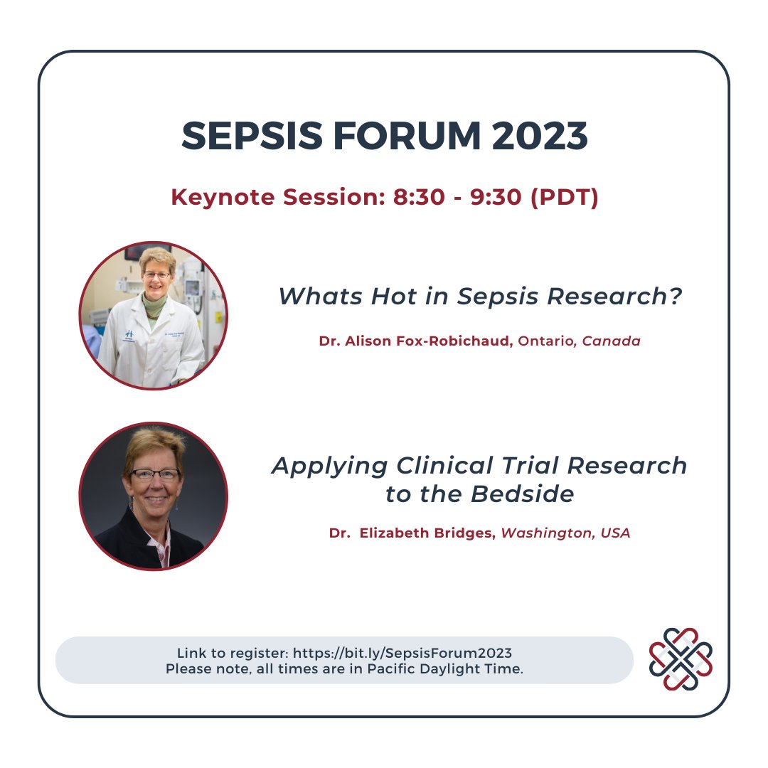 Our Keynote Session features not one but TWO 🇨🇦🇺🇸 experts in the field of #sepsisresearch!

We are very excited to have both Dr. Alison Fox-Robichaud & Dr. Elizabeth Bridges joining us on June 21, 2023.

Register FREE 👇
bit.ly/SepsisForum2023

#SepsisForum2023