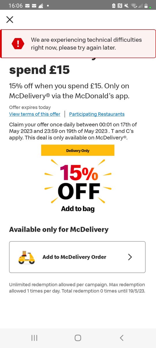 Se_Ren_dipitous's tweet photo. @McDonaldsUK one of the worst apps I've ever used. Never works properly and all you get told is uninstall reinstall. Garbage. #mcdonalds #fastfood #fail #CRapp #ITfail #programmingfail #multinational #lousy #why https://t.co/tjF5Ga8QGn
