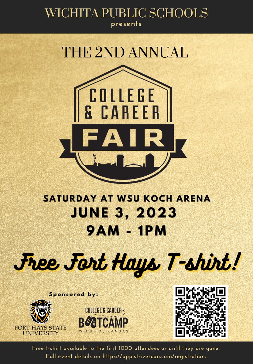WichitaUSD259's tweet image. We're hosting a College and Career Fair for WPS and area high school students 9 am. to 1 p.m., Saturday, June 3, at Wichita State's Koch Arena. To register, go to app.strivescan.com/registration