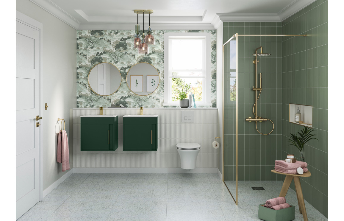 Welcome to Day 12 of our new bathroom furniture series! Transform your bathroom with a pop of colour! Our Conifer Green cabinets paired with bright white surroundings create a fresh and inviting space.  #bathroomdesign #colorfulbathroom #conifergreen #freshdesign #plumbsave