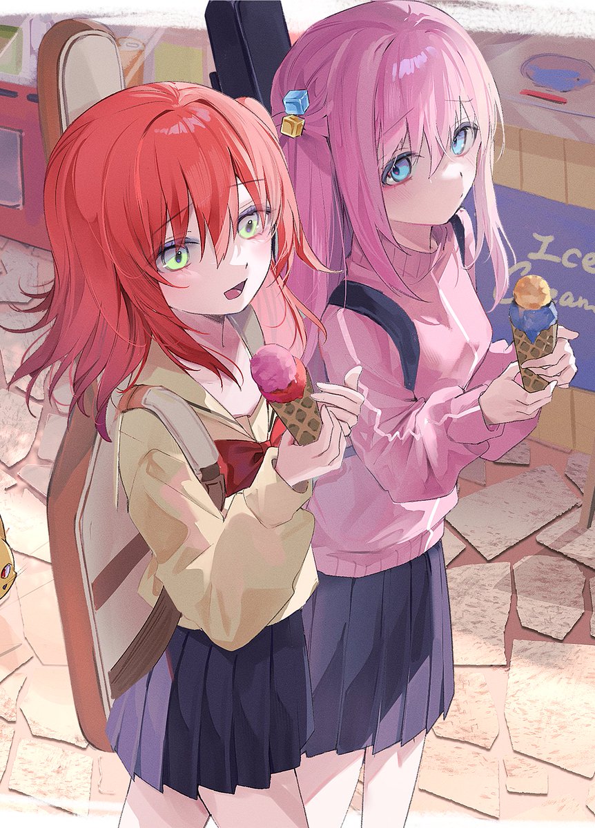 gotou hitori multiple girls 2girls pink hair cube hair ornament pink jacket skirt ice cream  illustration images