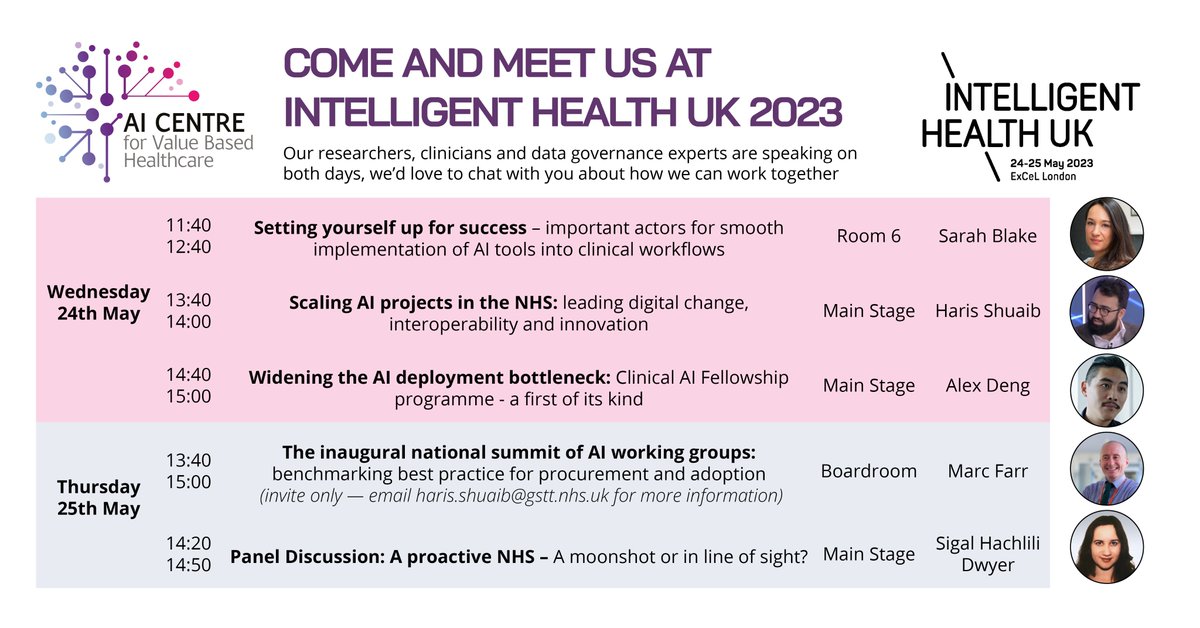 An incredible line up of AI Centre affiliated speakers at #IHUK23, Excel London next week. 
If you haven't already, sign up for tickets with our code AIC30!
The event is a great opportunity to hear from some pioneers in the #clinicalAI space. We hope to see you there!

#ai4nhs