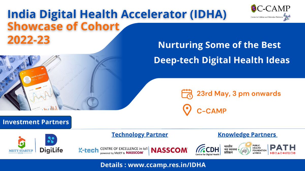 CCAMP India Digital Health Accelerator #IDHA invites you to IDHA Day - a Showcase Event of its inaugural cohort of India's top deep tech Digital Health startups 

Formal unveiling of cohort and presentation by selected startups to investors, international delegates, IDHA partner