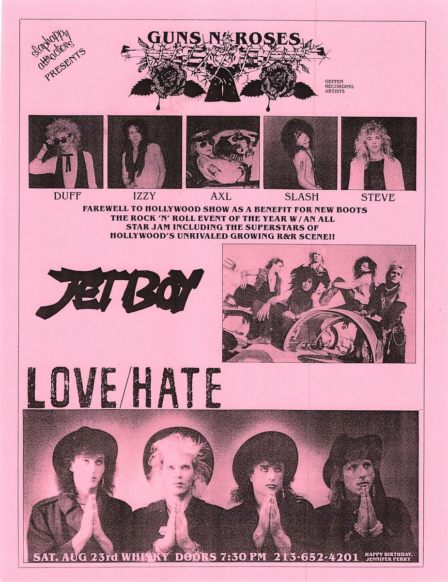 TheWhiskyAGoGo's tweet photo. #flashbackfriday flyer with @gunsnroses @jetboyrocks & @jizzypearl13 #lovehate !! Our pals in Jetboy return on September 3rd with #circusofpower and Love/Hate guitarist Jon E. Love performs on June 15th!! Visit https://t.co/EaUCZMhZVU for tickets! #gnr #jetboy #LA https://t.co/fnkZhTzSQZ