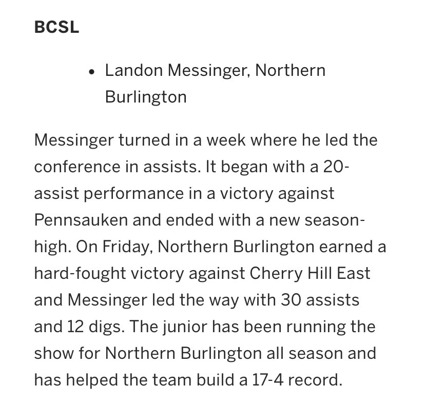 A big CONGRATULATIONS to one of our own, junior setter Landon Messinger, who was named BCSL Player of the week for 5/8 - 5/13 by NJ.com! Landon currently has 403 assists &amp; is a leader on and off the court. #ONEmission <a href="/nbcrsd/">Northern Burlington Co. Reg. School District</a>