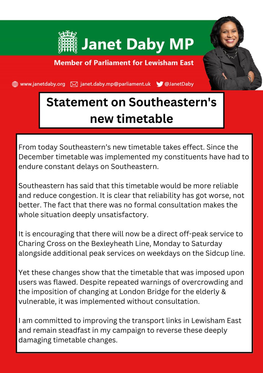 Janet Daby MP (@janetdaby) on Twitter photo Please see below to read my statement on <a href="/Se_Railway/">Southeastern</a>'s May timetable which comes into effect today 👇🏾 Please see below to read my statement on <a href="/Se_Railway/">Southeastern</a>'s May timetable which comes into effect today 👇🏾
