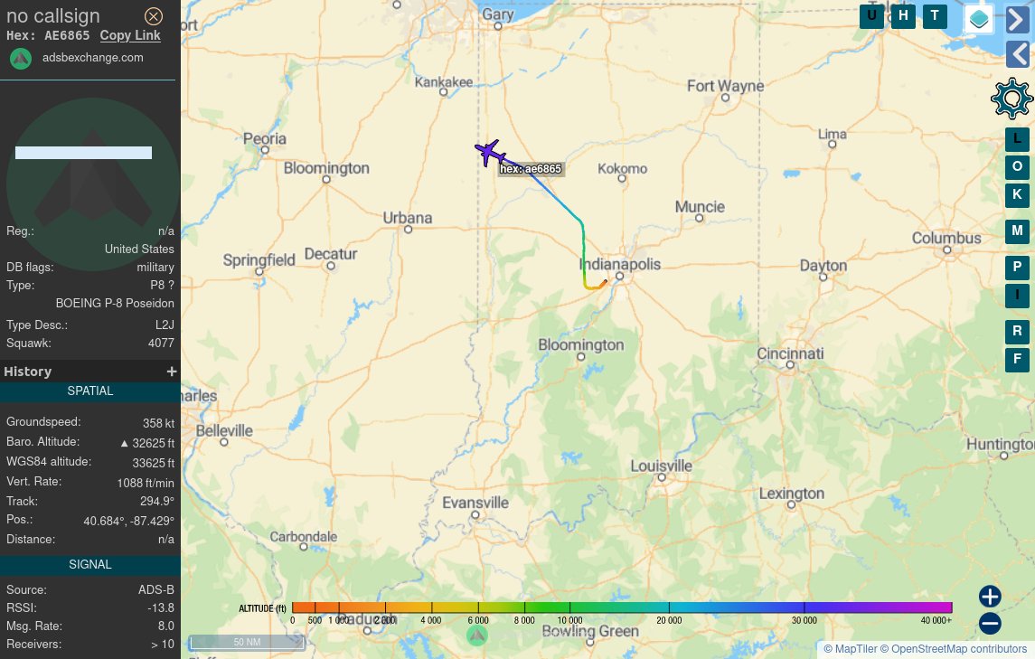 TheIntelFrog's tweet photo. US Navy P-8A Poseidon #AE6865 is up for a flight from the Boeing facility at Indianapolis IAP. 

These test flights usually circle the southern half of Indiana, but it could be headed back to NAS Whidbey Island following routine maintenance. https://t.co/QdwCMKadF9