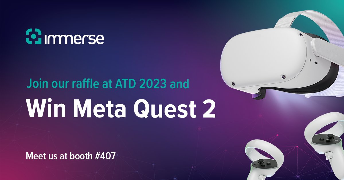 📢Immerse will be exhibiting at the ATD 2023 conference in San Diego! 🌴 Come visit us at booth 407 to meet the team, see the Immerse Platform in action, and enter the raffle to win a Meta Quest 2 headset! 🎁

#ATD2023 #immersetraining #virtualreality #VRtraining