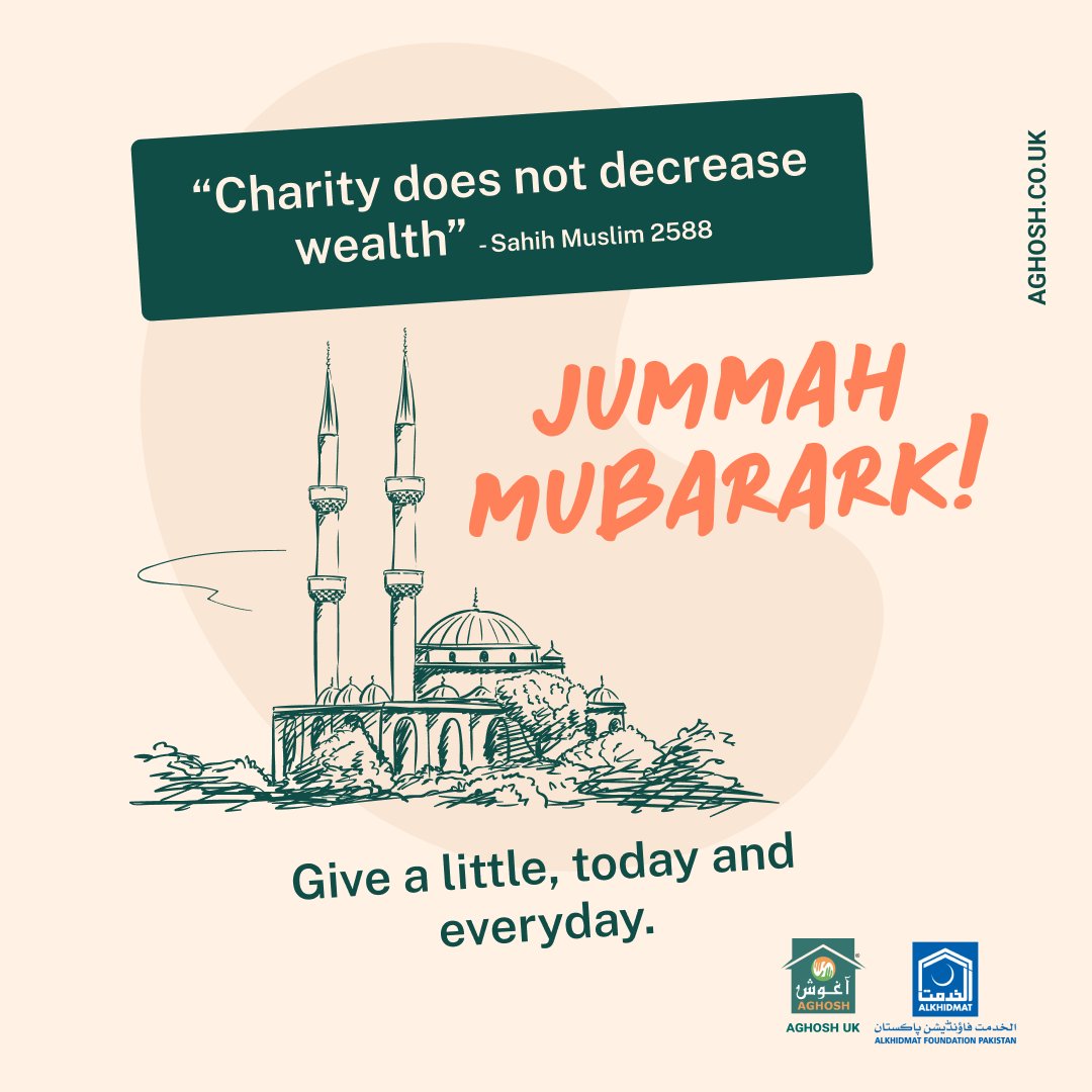aghosh_uk's tweet photo. Jummah Mubarak! Let's remember that charity is a blessing that multiplies, not diminishes. Give a little today and every day, and make a difference in someone's life."

#Help #Donate #Pakistan #Aghosh #Support #donatenow #emergencyappeal #jummah #JummahMubarak #UK https://t.co/RlSOAka43u