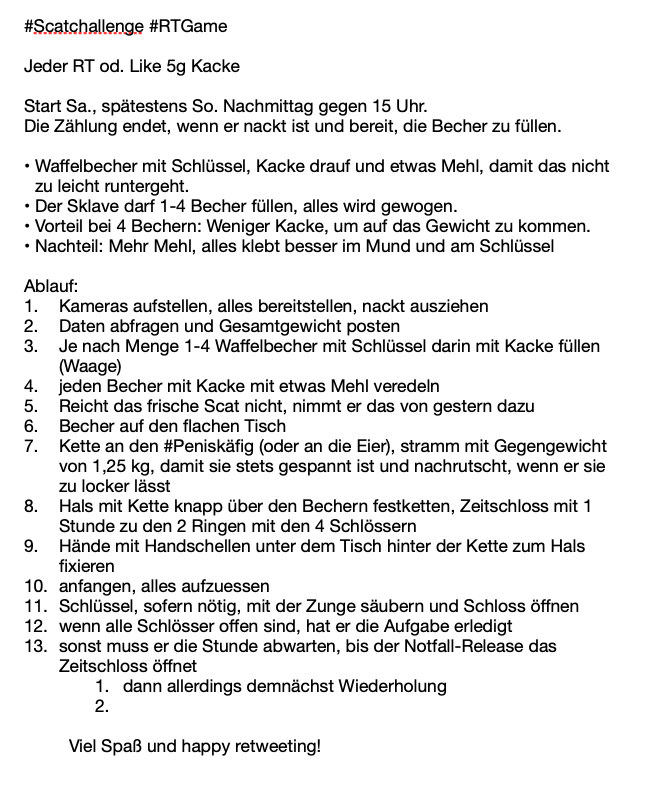 bsbu064's tweet photo. Ich bin wieder dran. Scat. Hoffe, es wird nicht zu schlimm
#Scatchallenge #RTGame #Scatgame #Scatpig
Jeder 🔁 oder ❤️ 5g Kacke
Start Sa., spätestens So. Nachmittag gegen 15 Uhr.
Die Zählung endet, wenn ich nackt bin und bereit, die Becher zu füllen.
https://t.co/O2XPghoqeR https://t.co/49PLCs0ugh