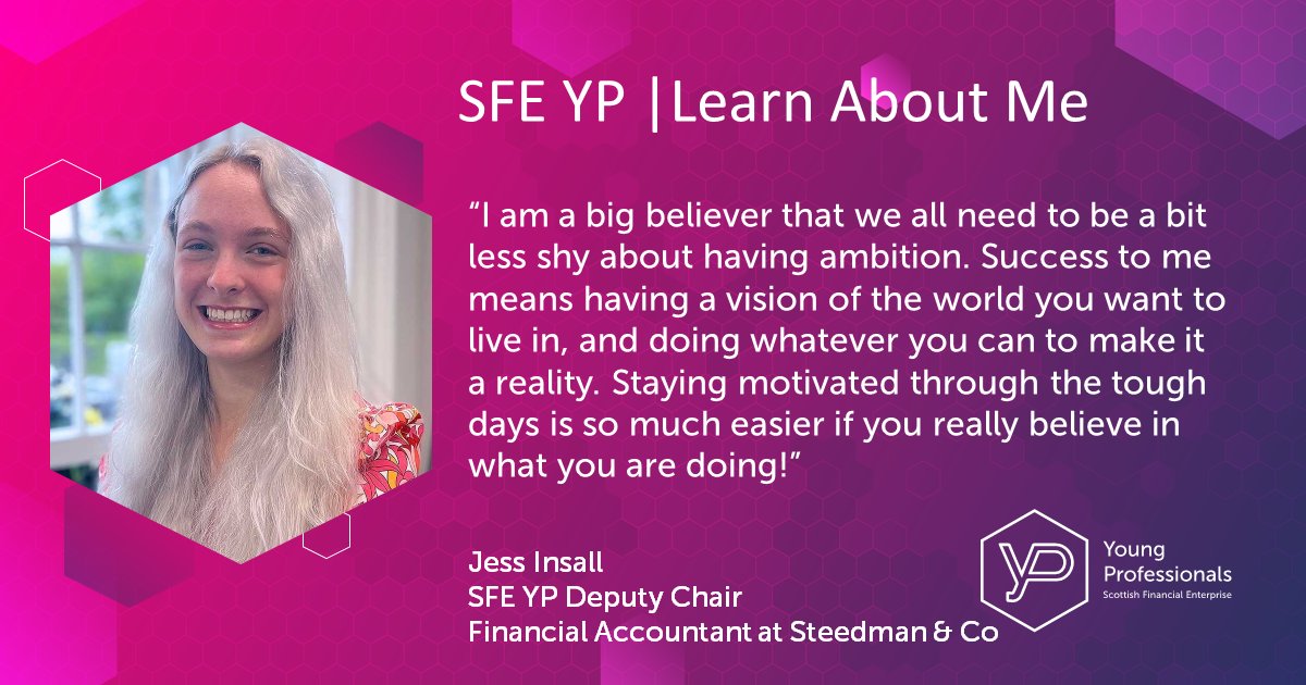 The SFE YP Learn About Me series highlights the  routes, roles, and experiences of young professionals in Scotland's financial services industry. This week we hear from <a href="/steedmancompany/">Steedman and Company</a> Financial Accountant and YP Deputy Chair, <a href="/JessInsall/">Jess Insall</a>. 

sfe.org.uk/news-database/…