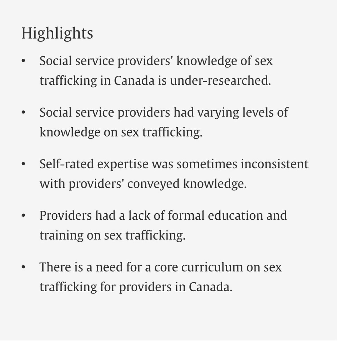 #NEWPUB from our team
'Social service providers' knowledge of domestic sex trafficking in the Canadian Context' led by @DaniJacobson #SexTrafficking
@WCHospital @WCHResearch @wchf @UofT_dlsph @FranMontemurro @RealRhonelle 
sciencedirect.com/science/articl…