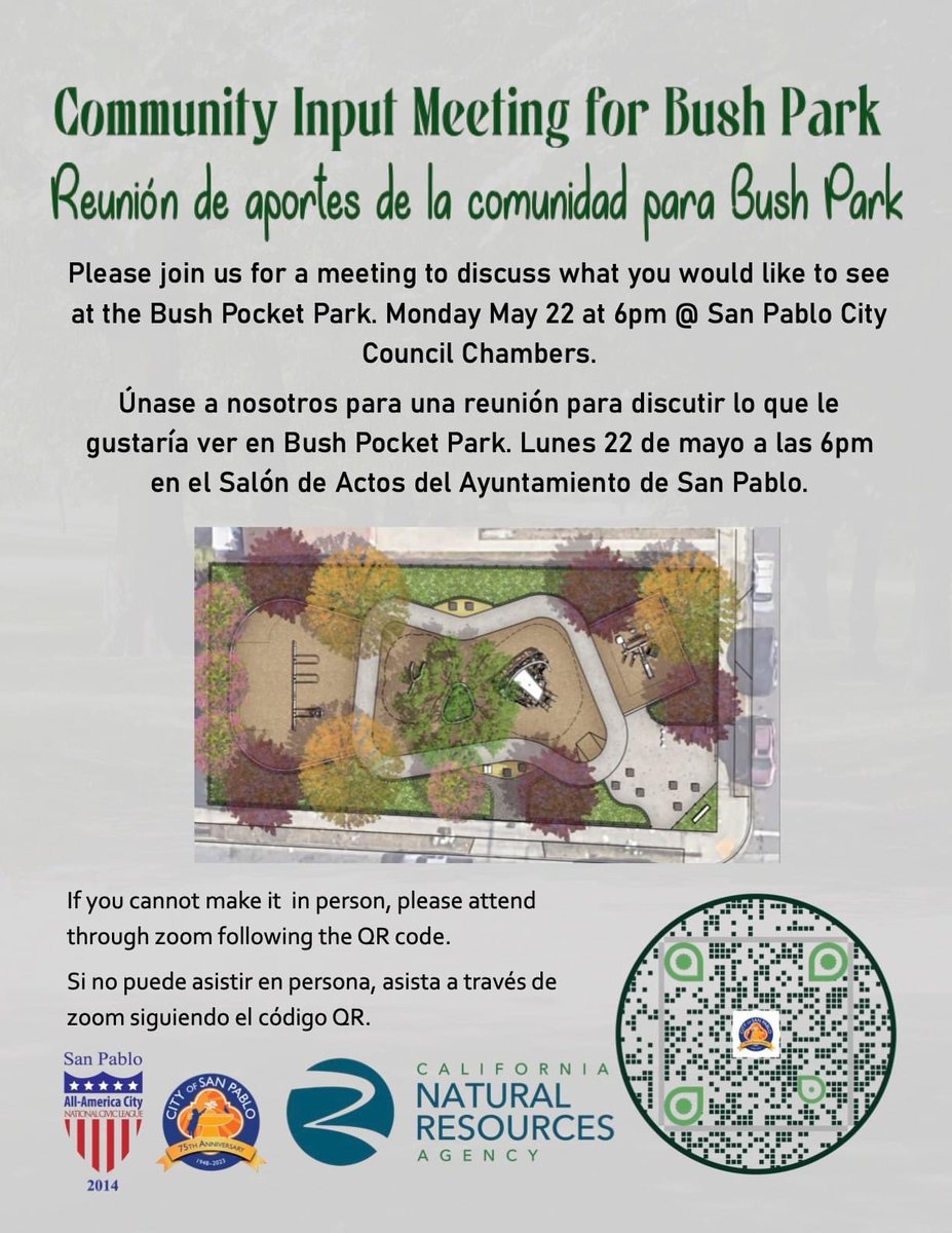 Queremos escuchar de ti! Únase a nosotros para una reunión para discutir lo que le gustaría ver en Bush Pocket Park. Lunes 22 de mayo a las 6pm en el Salón de Actos del Ayuntamiento de San Pablo.

#SanPablo #SanPabloShines #WeAreSanPablo #bushpark