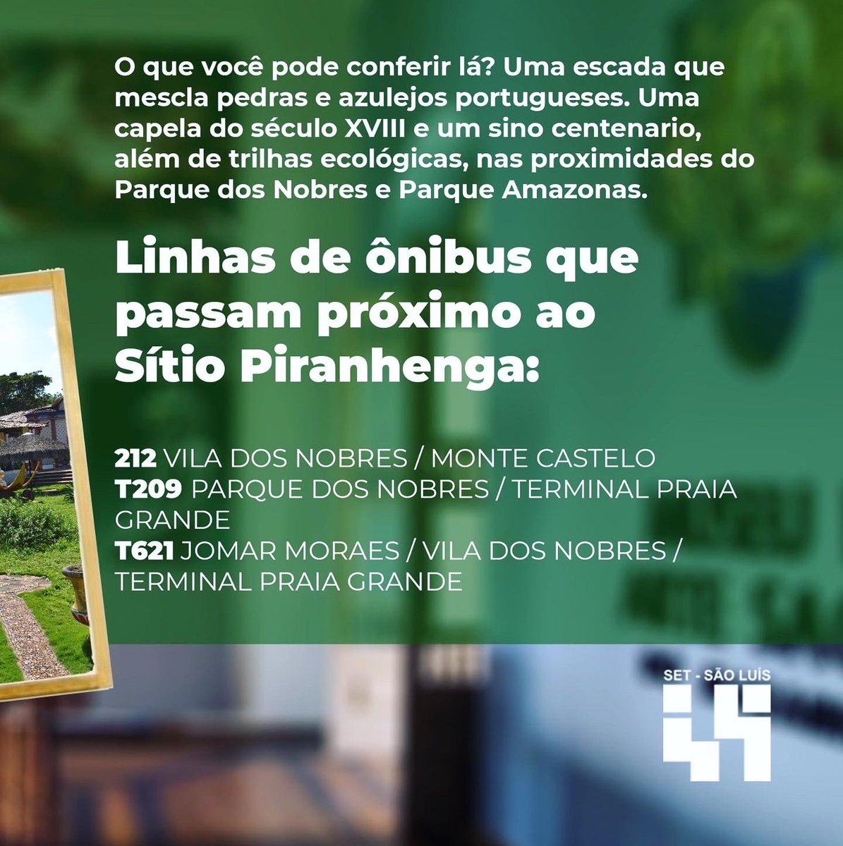 setsaoluis's tweet photo. Nossa capital tem muitos lugares bacanas ainda a serem explorados. E a dica de hoje o Sítio Piranhenga, um espaço que abriga patrimônio e trilha ecológica. 

👏🏼🚎 Aproveite o final de semana e curta essa dica!

• O SET mais perto de você! 🤜🏻🤛🏻

#SaoLuis #FimdeSemana #Slz #Busao https://t.co/njA3mgrGlE