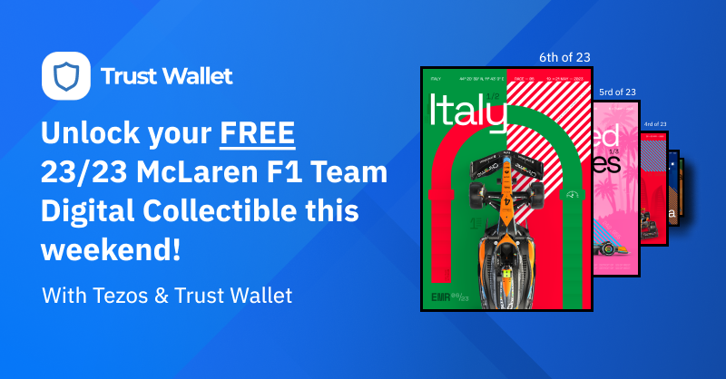 TrustWallet's tweet image. Claim your FREE 23/23 #McLarenF1 #F12023 Team Digital Collectible this weekend, thanks to our partnership with #Tezos! Can you get them all?   

This week is #6 of 23; Italy! 🇮🇹  

Here's how👇  
💙 Like &amp;amp; RT  
💙 Visit: collectibles.mclaren.com  
💙 Connect with #TrustWallet!