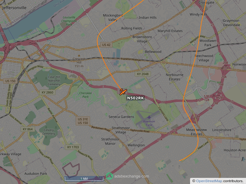 N502RK is circling over Indian Hills at 825 feet, speed 79 MPH, squawking 1200, 0.8 miles from Muddy Fork Beargrass Creek globe.adsbexchange.com/?icao=a642df&z…