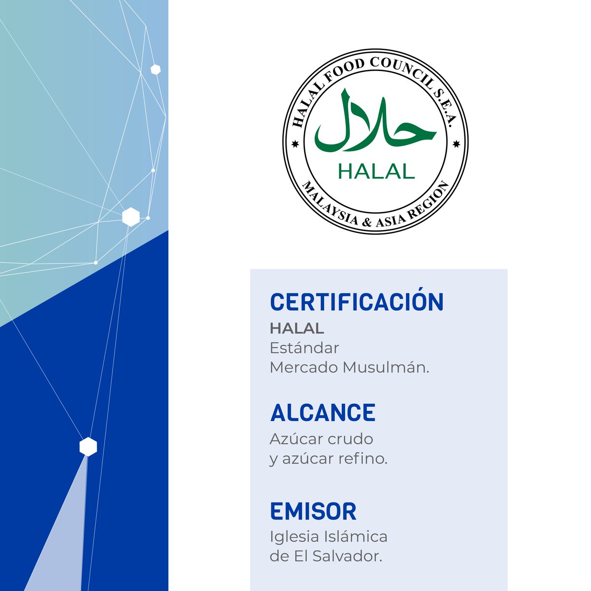 ComunidadCASSA's tweet photo. Conoce más sobre nuestros estándares de calidad en la producción de azúcar ✅

Nuestros productos cuentan con la certificación Halal, la cual garantiza que nuestra azúcar cumple con los requisitos del mercado musulmán. 

#SomosCASSA #AzúcarViajera #EnergíaParaLaVida https://t.co/pRsTsba0yb