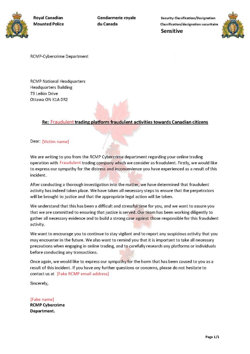 exemple en anglais seulement*** Le CAFC met en garde le public contre de  fausses lettres provenant supposément de la GRC. Ces lettres ciblent les  victimes de fraudes liées aux investissements en cryptomonnaie.