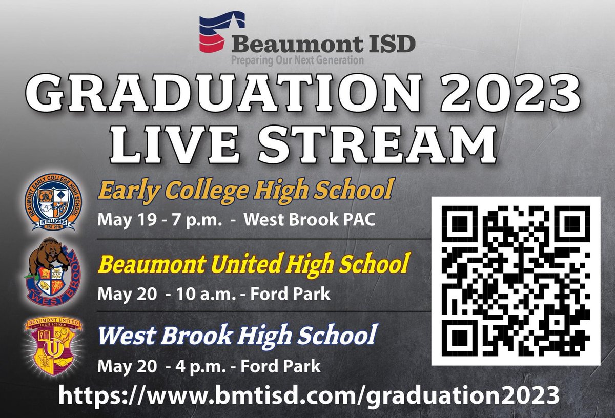 BeaumontISD's tweet image. Join us for all three #BMTISD graduations via livestream. #GraduationTime #ClassOf2023 #BMTISDProud