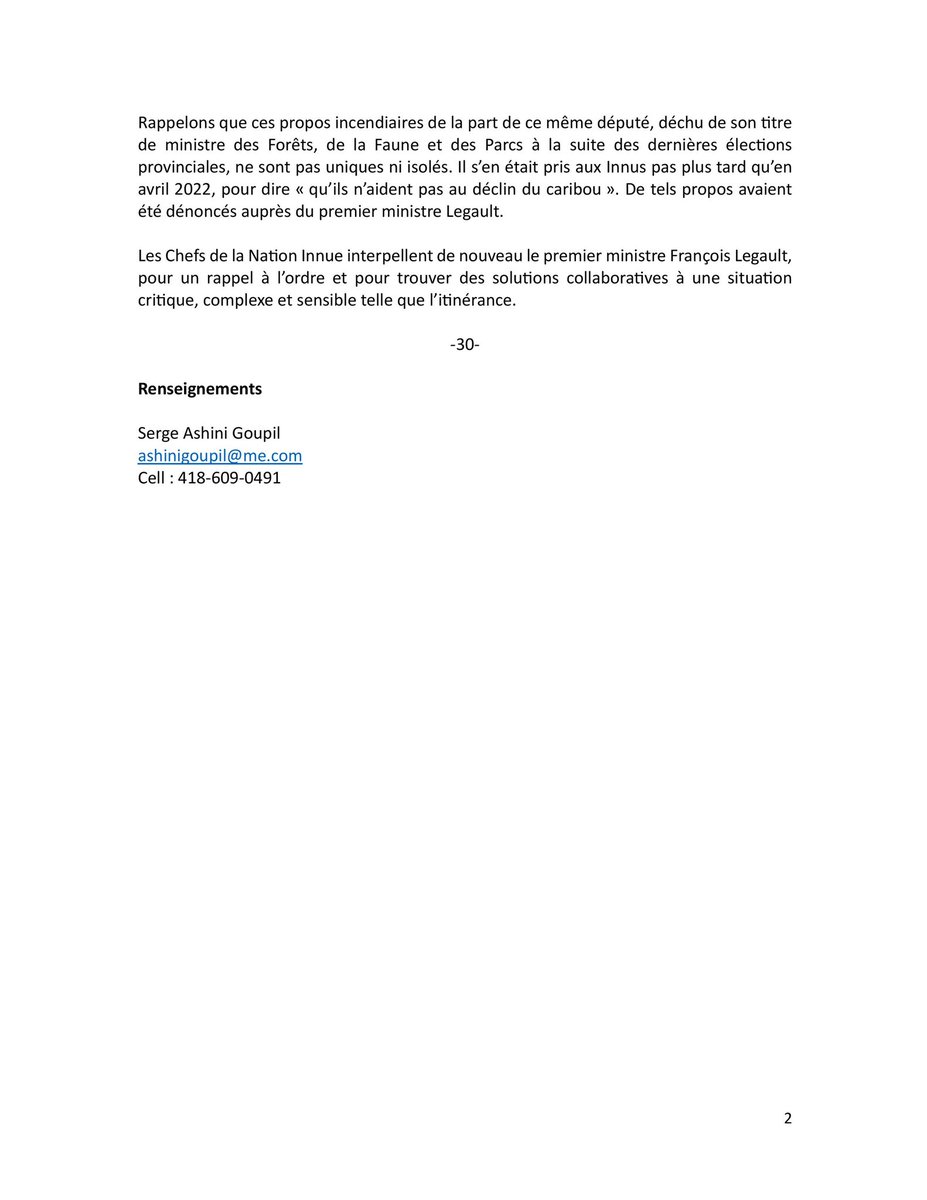 Itinérance et propos décourageants du député caquiste Pierre Dufour à Val-D'Or : les Chefs de la Nation Innue interpellent le premier ministre <a href="/francoislegault/">François Legault</a> pour trouver des solutions collaboratives
#Polqc <a href="/picardghislain/">Ghislain Picard</a> <a href="/JustinTrudeau/">Justin Trudeau</a>