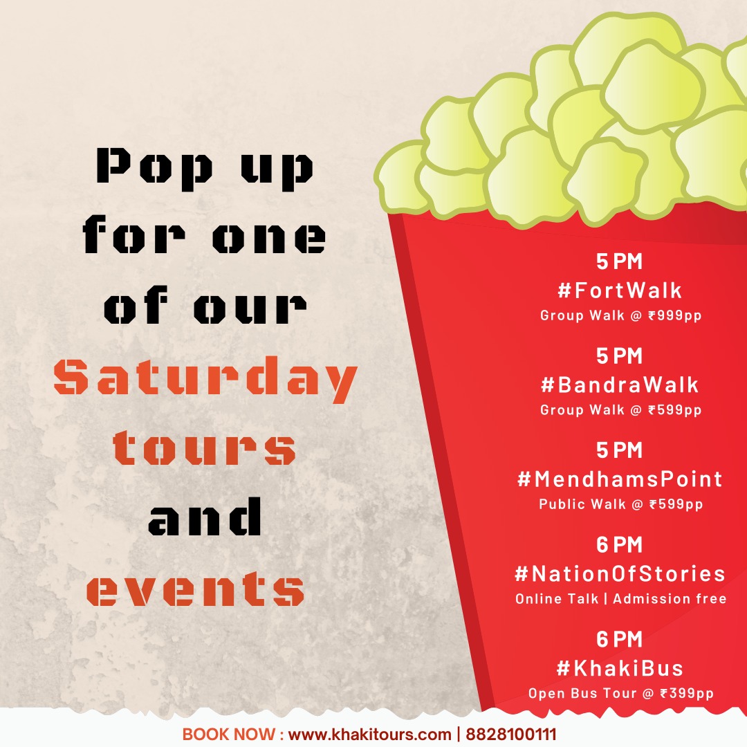Spend your Saturday exploring the city with us!

#FortWalk - Sat, 20th May, 5 PM
#BandraWalk - Sat, 20th May, 5 PM
#MendhamsPoint - Sat, 20th May, 5 PM
#KhakiBus - Sat, 20th May, 6 PM
#NationOfStories - Sat, 20th  May, 6 PM

📍Book now at: linktr.ee/khaki.tours

#ExploreMumbai…