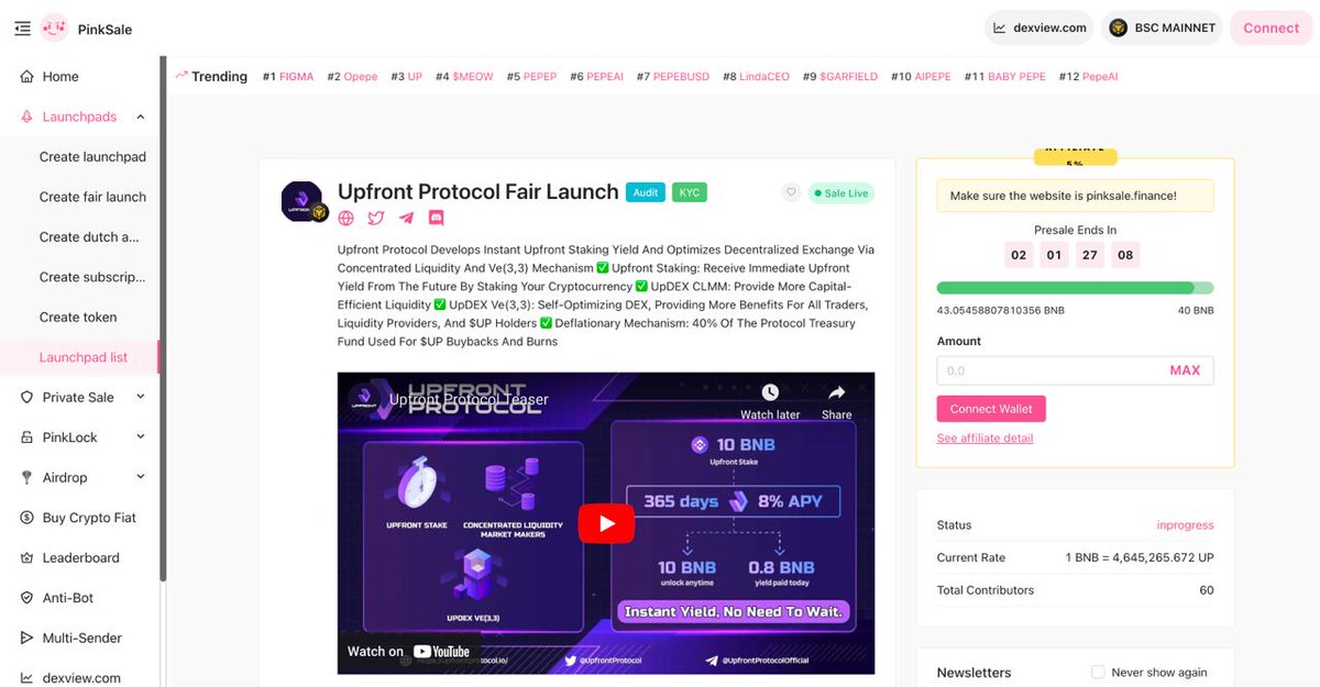 upfrontprotocol's tweet photo. #UpfrontProtocol Hits Top 3 Trending on PinkSale and Soft Cap Filled! ๐
Upfront Protocol has skyrocketed to the top 3 trending projects on PinkSale and we have successfully filled the soft cap for our project.
๐ Official Link: https://t.co/saeh2SFbGp
$UP #staking #DEX #CLMM https://t.co/NzQGZ9Q78z