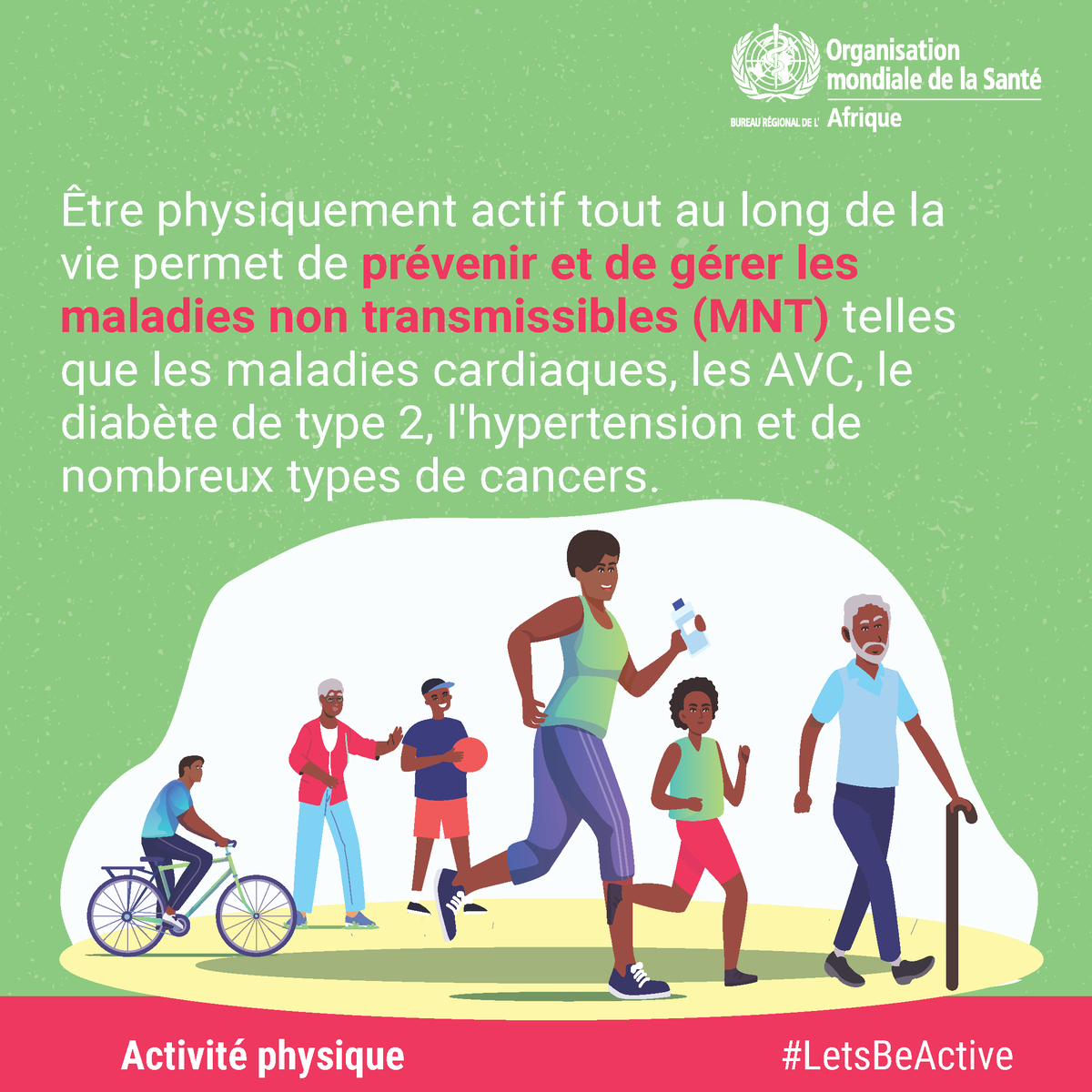 whocmr's tweet image. C'est le week-end ! Faire du sport vous permet de réduire les risques d'être atteint des #MNT telles :

✅L'AVC
✅Le diabète de type 2
✅L'hypertension 
✅De nombreux types de cancers

#LetsBeActive