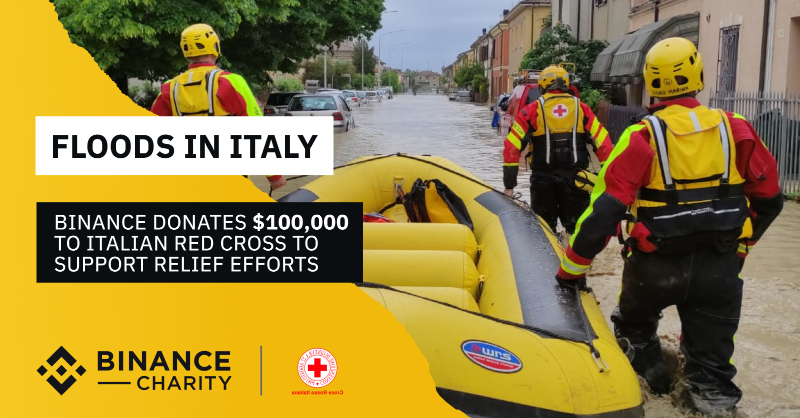 binance's tweet photo. .@BinanceItalian donates $100,000 to @crocerossa to support those affected by the recent floods in Emilia-Romagna, Italy.

The association will use the money to help the impacted people and families with immediate relief, medical assistance, and basic necessities.