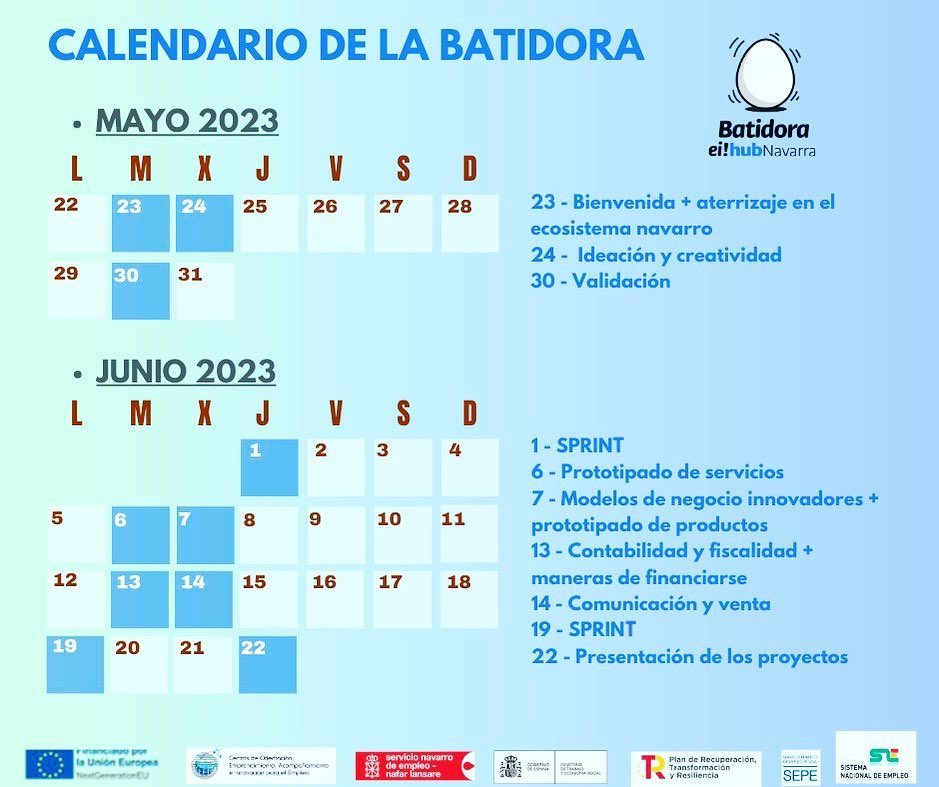 EiHubNavarra's tweet photo. 🔜 ¡Atención, atención, queridas polluelas y polluelos!
En un ti-tá comienza "La batidora"🥚🥚, ya os lo dijimos: este próximo martes 23 de mayo empieza la marcha.

📅 Queremos mostrarte el calendario de estas semanas de unir, cuajar y emulsionar tu idea para que quede fetén. https://t.co/sWdxhr37Ng
