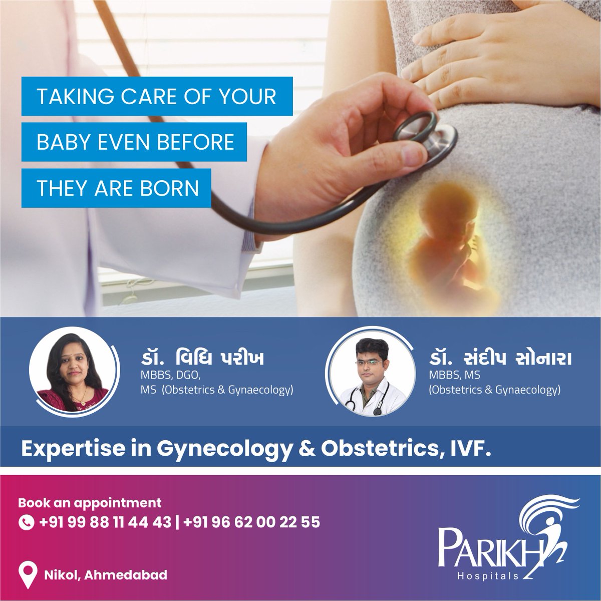 Parikh Hospitals, Nikol provides individualized care to high & low risk pregnant women offered by our multidisciplinary team of Consultants,who are available to support our patients throughout their pregnancy journey #ParikhHospital #ivf #pregnancy #pregnant #babycare #delivery