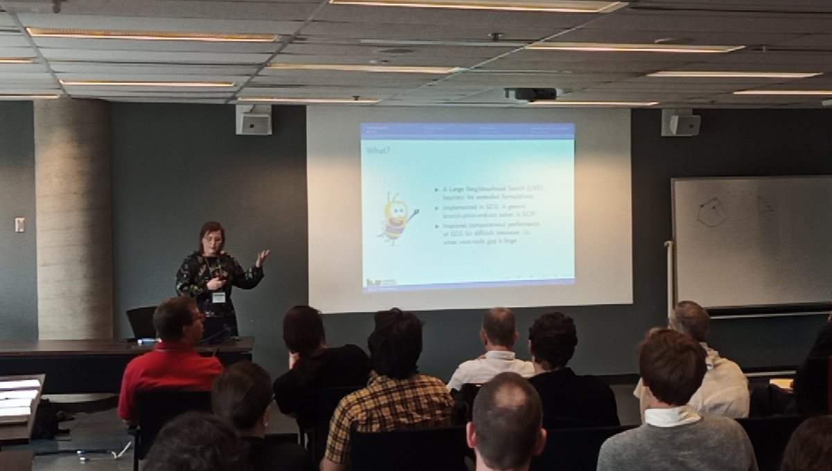 claud10contardo's tweet photo. Elina Rönnberg on integer heuristic CG for primal feasibility #ColGen2023 https://t.co/YanSXdV7Ji