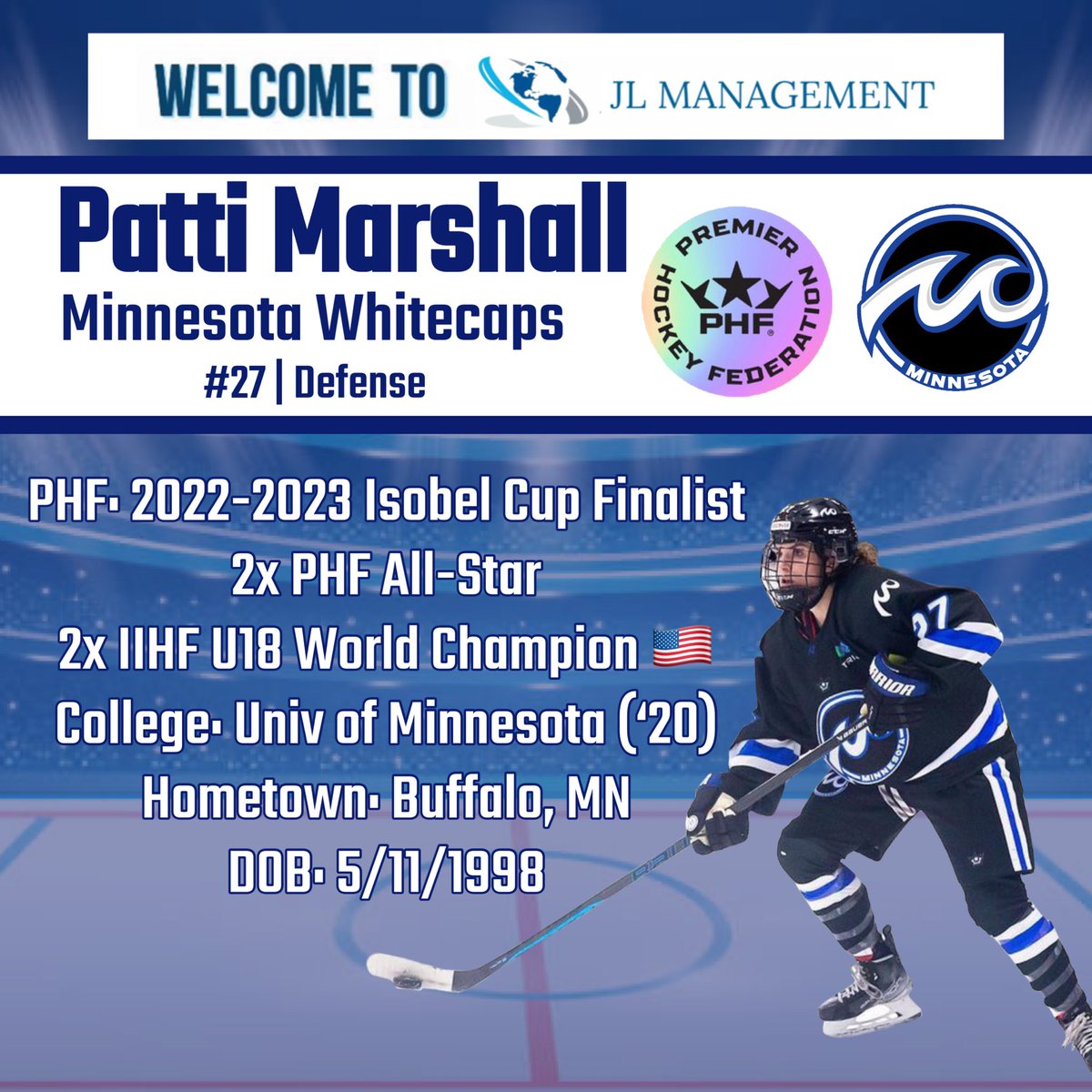 Excited to welcome 2x <a href="/PHF/">PHF</a> All-Star <a href="/pattimarshall16/">Patti Marshall</a> to the JL Management family!🤝
Patti is a strong defender for <a href="/WhitecapsHockey/">Minnesota Whitecaps</a>, earning 15pts last season including #PHF Playoffs, just missing an Isobel Cup win in OT. Patti is also in her 3rd yr of dental school at U of Minn!