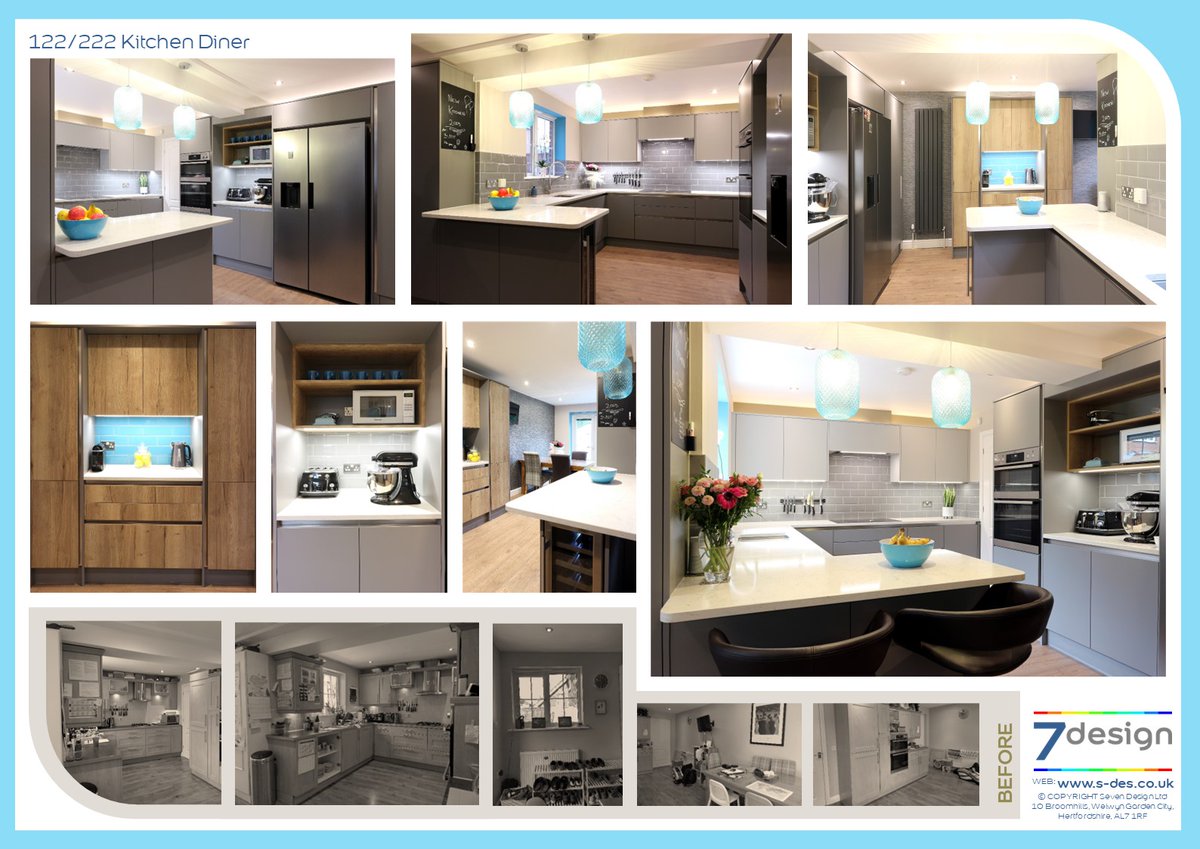 Time for a new kitchen! This remodel improved the layout, adding a breakfast bar &amp; a fully functioning Utility Room, accessed by a secret door through the Kitchen. #interiordesign #hertfordshire #kitchen #welwyngardencity #FridayFeeling #May23 #Lighting #Flooring #Tiling