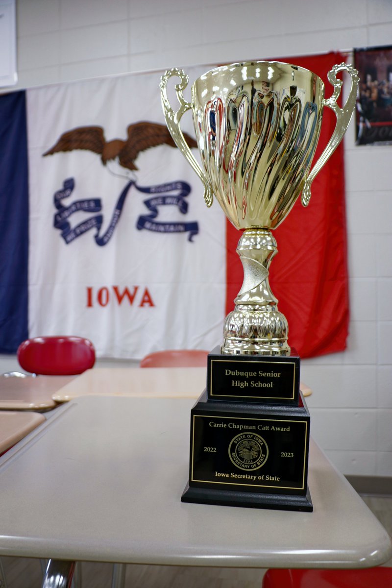 dbqschools's tweet photo. We are #DbqSchoolsProud that @SeniorRamFam registered 92% of their eligible voters to secure the Carrie Chapman Catt Award from @IowaSOS Paul Pate! Congratulations to staff members Dain Leytem and Kyle Barton who spearheaded this effort! #ThreeRamClap ❤️🐏💙 https://t.co/W803AvD02s