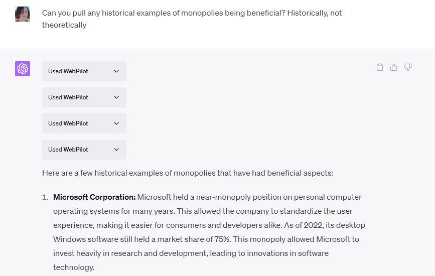 SuperGameWave's tweet photo. If I were at you @Microsoft, I would be careful with ChatGPT referencing you as a monopoly. https://t.co/k4uwlXDpTz