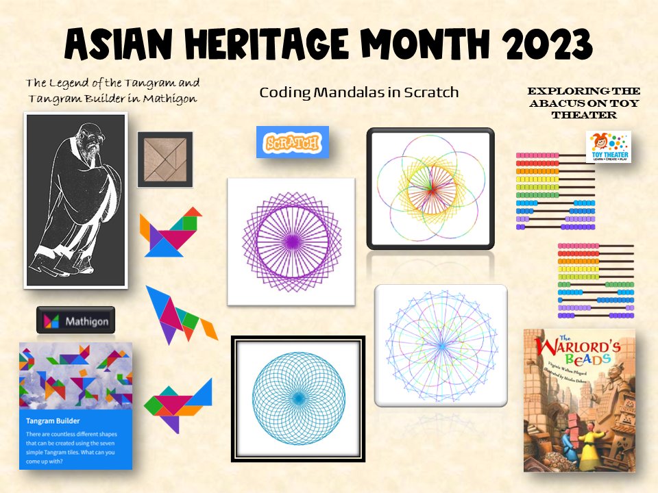 For #AsianHeritageMonthCDSBEO Math, Ss learned the Legend of the Tangram and explored the Tangram Builder on @MathigonOrg; read 'The Warlord's Beads' and explored the abacus on @ToyTheaterGames; and used @scratch to code mandalas. @VLES_cdsbeo @English_Cath @CDSBEO_Curric