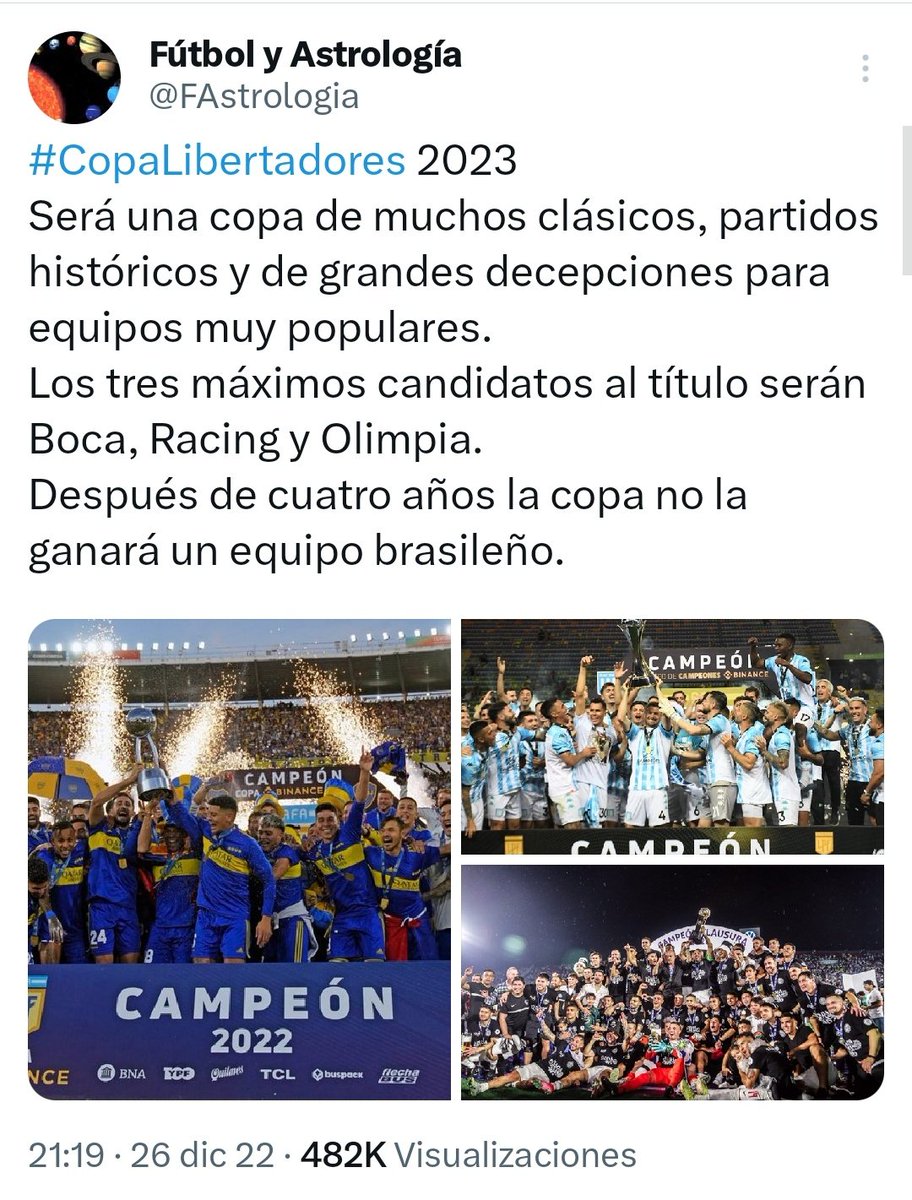 ivan_alexispy's tweet photo. ¿QUÉ TANTO CREEN?
En el pasado ya había hablado del tuit de la cuenta @FAstrologia sobre los finalistas de la #Libertadores del 2023.

Esta semana ya acertó su predicción de finalistas de #ChampionsLeague, en tanto en sus grupos:

#Boca 🇦🇷 - 1°
#Racing 🇦🇷 - 1°
#Olimpia 🇵🇾 - 2° https://t.co/dMvY7LRZ8w