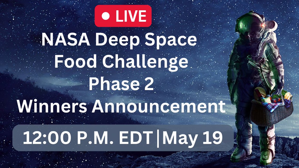 LIVE NOW: From the #NYCXDesign Festival, the Phase 2 winners of our Deep Space Food Challenge will be revealed! 

Tune in to hear more about innovative ways to keep astronauts fed on long-duration missions to the Moon, Mars, and beyond: livestream.com/viewnow/dsfc
