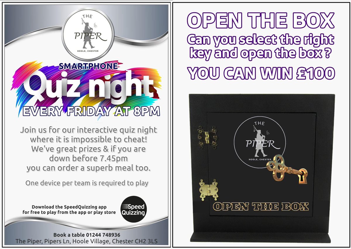 TONIGHT at the Piper #hoole #chester come and play our #smartphonequiz plus £100 In #OpenTheBox. We’ve great food and drink too. #chestervillages #chesterpubs #chesternightlife @cheshire