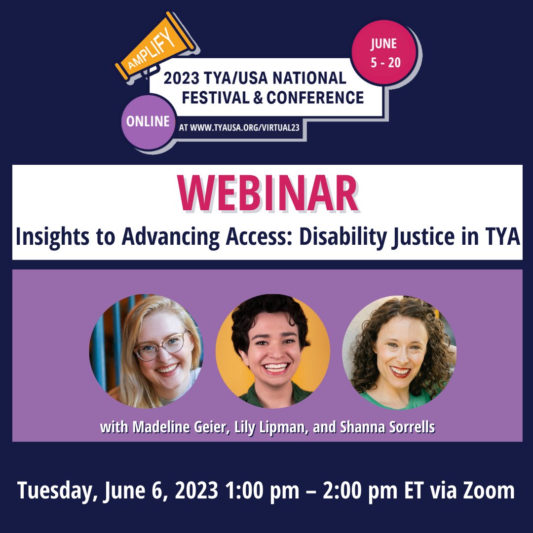 Today’s Virtual Track spotlight is our Zoom webinar “Insights to Advancing Access: Disability Justice in TYA” on Tuesday, June 6, 2023 1:00 pm – 2:00 pm ET. Click here to register for the Virtual Track: tyausa.org/virtual23/