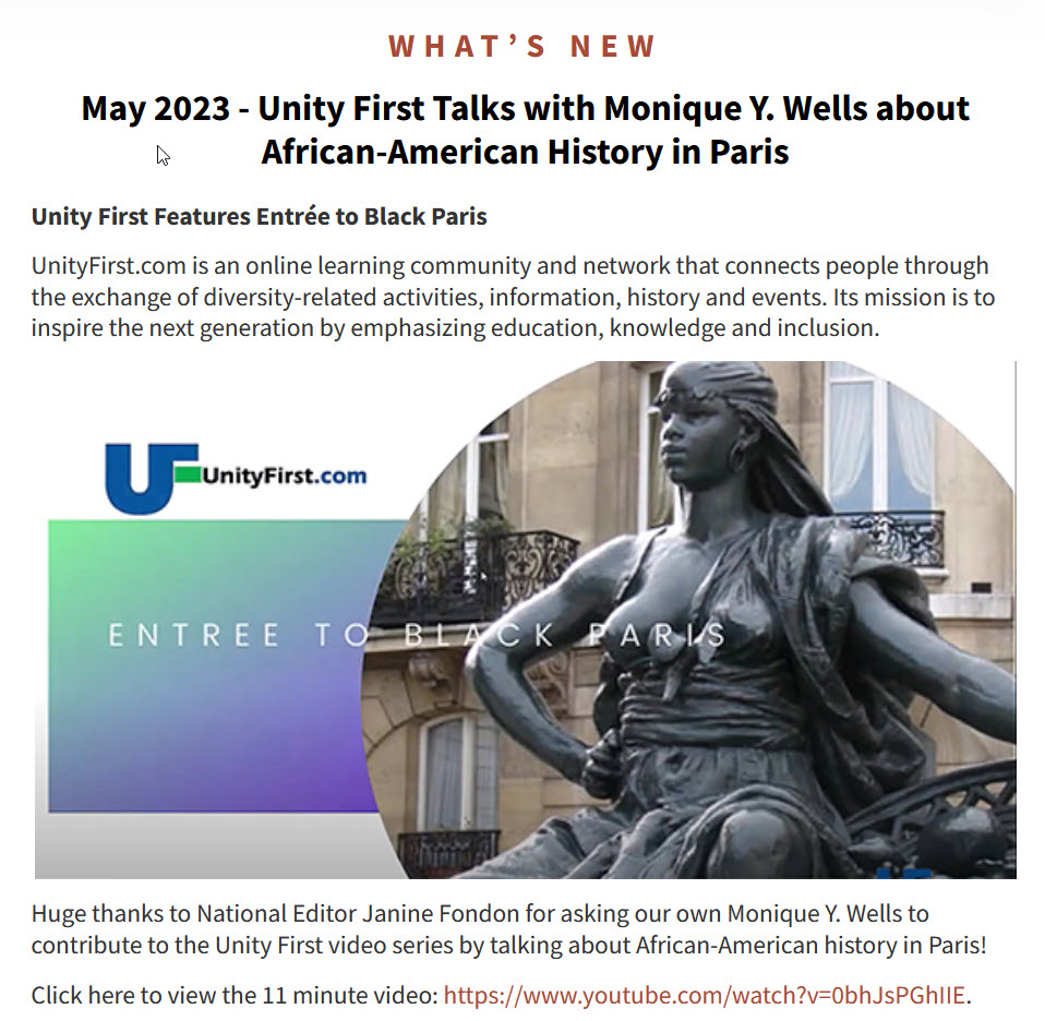 What's New at Entrée to #BlackParis

The National Editor of Unity First and I talk about #AfricanAmericanHistory in #Paris.

Click here to view the 11-minute video: youtube.com/watch?v=0bhJsP….