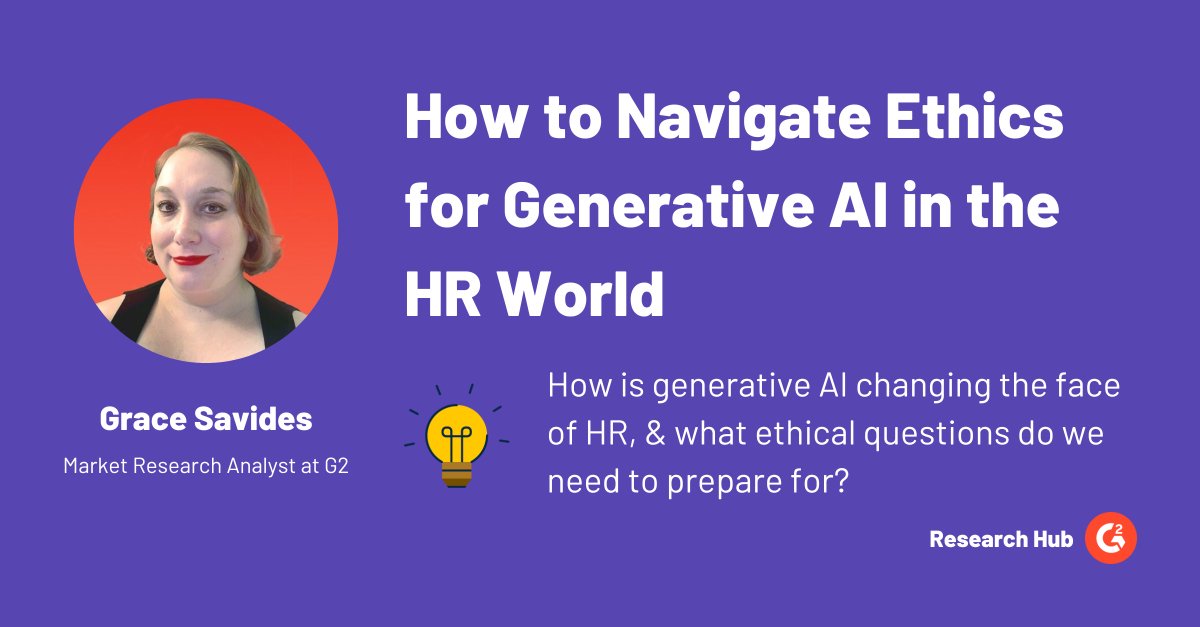 G2dotcom's tweet photo. Generative AI in HR 101:
📌 Where is AI already present in the department?
📌 What are the potential ethical issues & how can we avoid pitfalls in the ChatGPT era?
📌 How can we address challenges and focus on accountability?
Get answers from G2 Market Research Analyst Grace Savides: https://t.co/9IPSWseuDU #generativeai #humanresources #HRtech