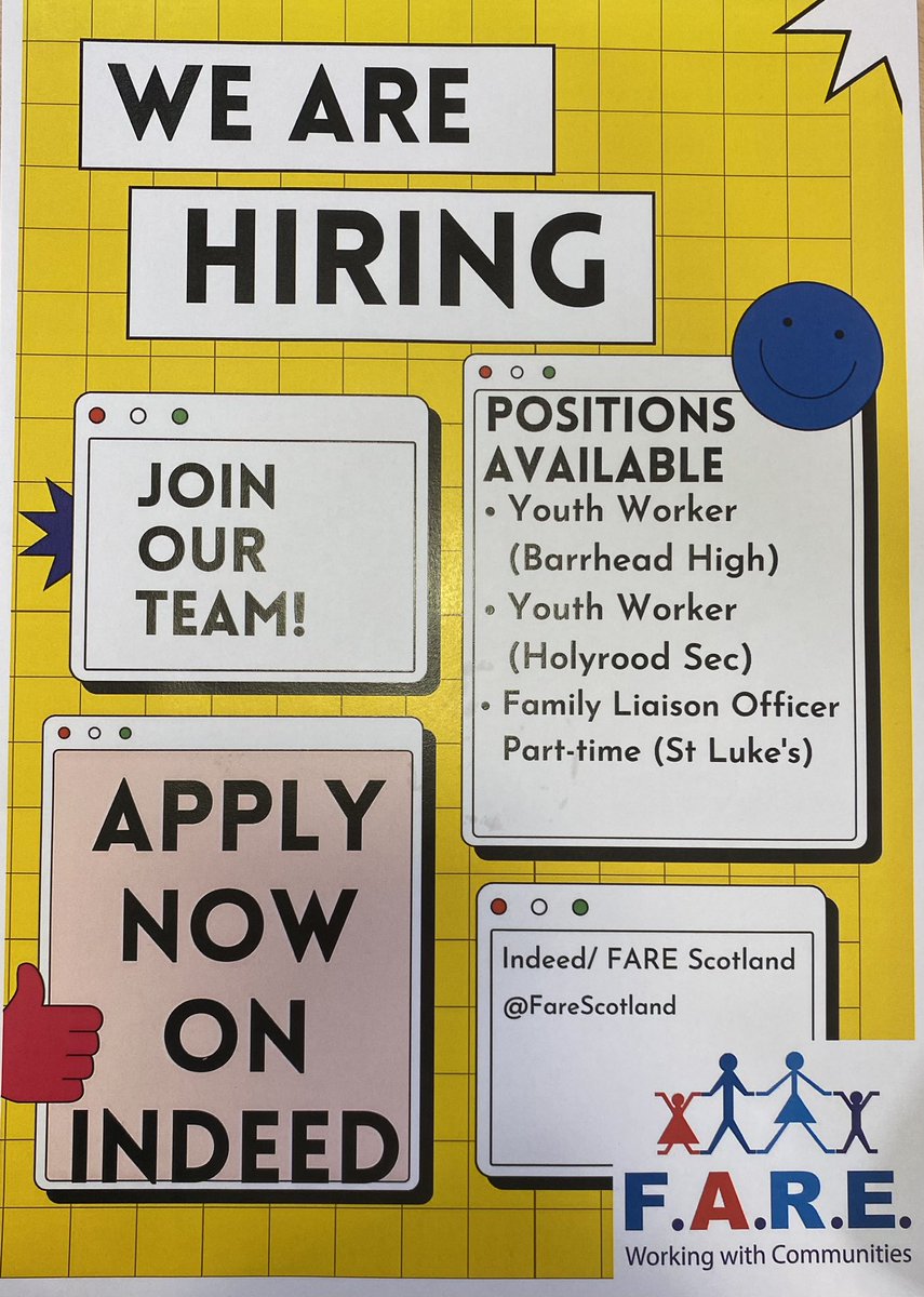 Come join the @FARE_Scotland team. We are looking for Youth Workers and Family Liaison Officers to join our Skills & Attainment team based in schools. shorturl.at/cgtHR - Holyrood shorturl.at/qxX29 - St Luke’s