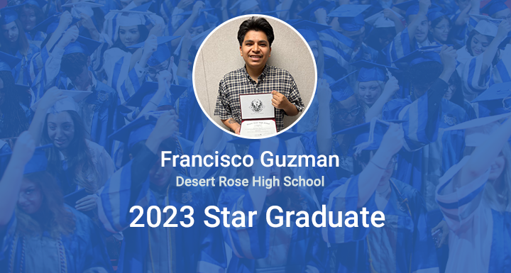 ClarkCountySch's tweet photo. Congratulations Francisco Guzman! He is Desert Rose High School's 2023 Star Grad! Francisco is an example that one can do anything they set their mind to. Read more about his story here: https://t.co/GcLKxmtRWC #StarGrad #WeAreCCSD https://t.co/vs6fAYd62b
