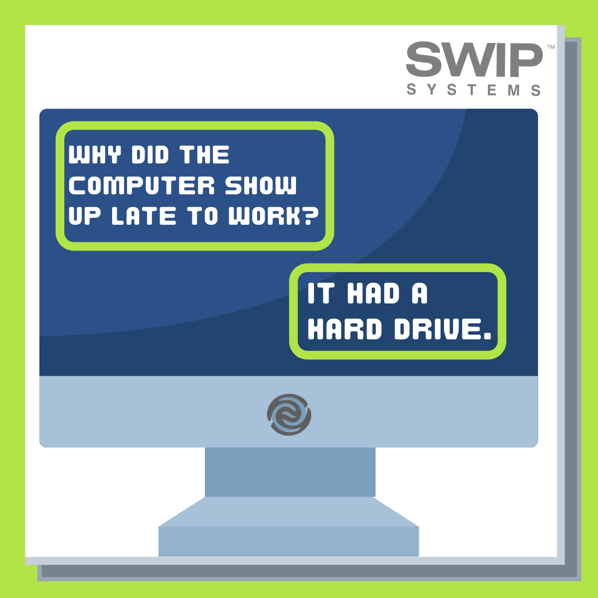 SwipSystems's tweet photo. If you find yourself late to work again, maybe it's time to upgrade your computer hard drive. 😛
#FridayFunny #ComputerPuns #TechnologyHumor https://t.co/pRKXKyDphm