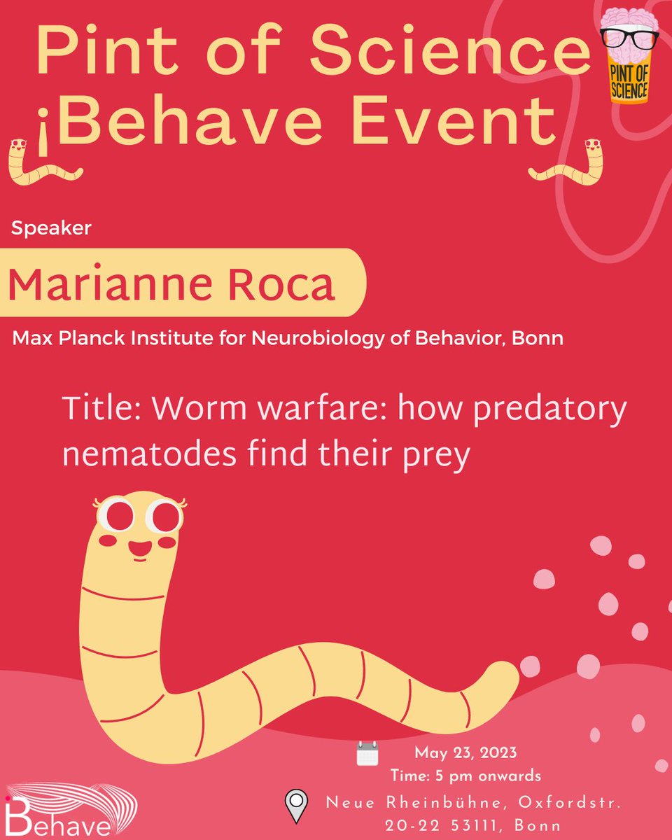 📣Join us at iBehave - @pintofscienceDE event! @RocaMarianne from MPINB, Bonn will shed light on 'Worm Warfare: How Predatory Nematodes Find Their Prey.' 🌟Discover the fascinating world of Pristionchus pacificus & their unique hunting techniques. 🗓️May 23, 2023. Don't miss it!